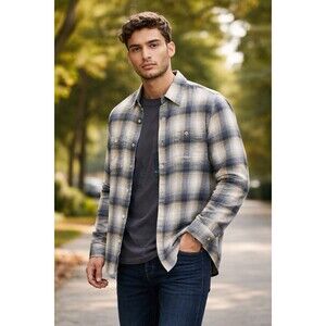 Ben Sherman Men’s Plaid Button-Down Shirt Sand Blue Size S NWT